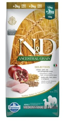 Farmina N&D Ancestral Grain Med/max 15kg Huhn & Granatapfel Selection 12kg + 3kg